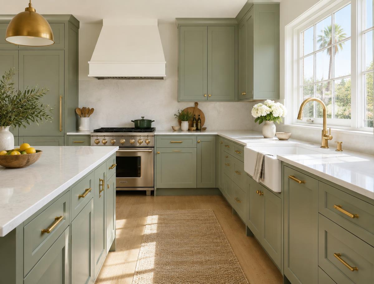 Painted sage green kitchen cabinets