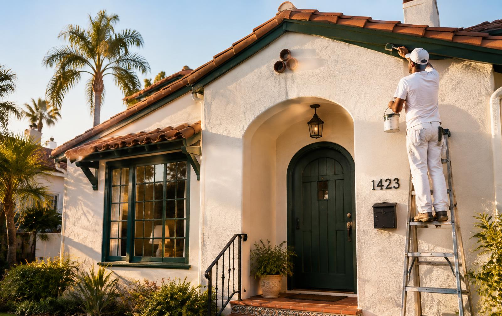 Painter refinishing a Spanish-style Burbank home